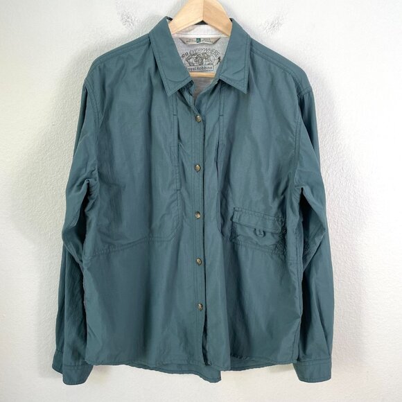 Royal Robbins Womens XL Nylon Outdoor Button Up Shirt Green Roll Tab Sleeve Top - Picture 1 of 11